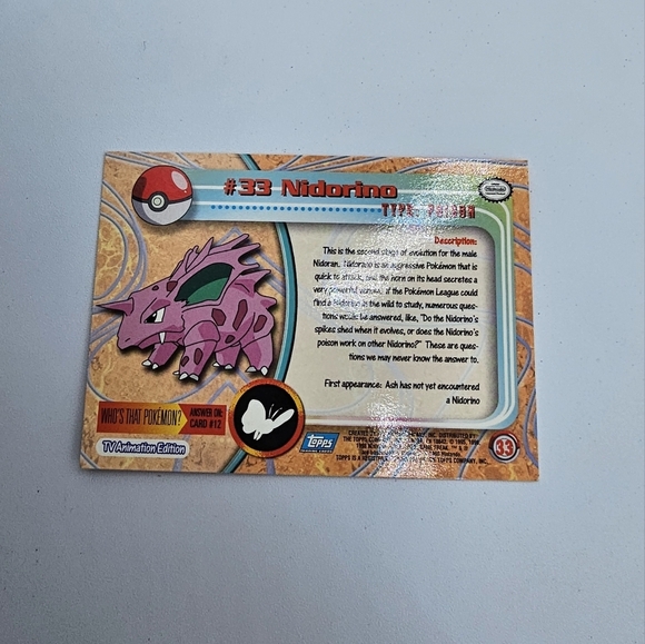 Pokemon 1999 TOPPS Nidorino #33 Blue Logo TV Animation Edition - Picture 3 of 4